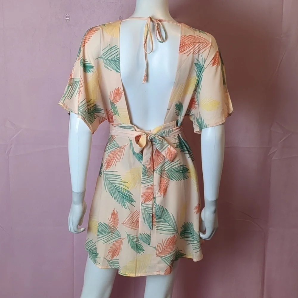 Orange Tropical Palm Tree Plunging V Neck Tie Open Back Summer Mini Dress Medium